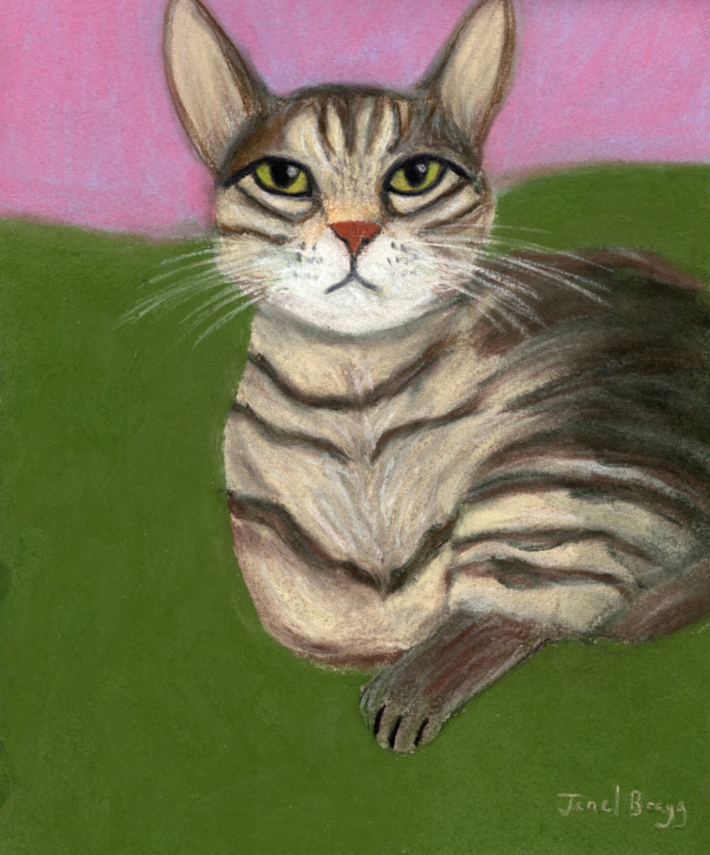 Janel Bragg - Annabelle Tabby Cat in Mauve and Moss Green II