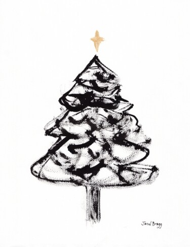 Christmas Tree in Sumi ink with Gold Cross
